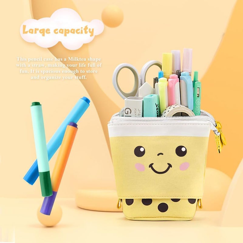 KPX Cute Standing Pencil Case Pen Holder for Kids, Pop Up Stand UP Bubble Tea Pen Organizer Kawaii Stationary for Christmas Holiday New Year Office (Yellow) - Image 4